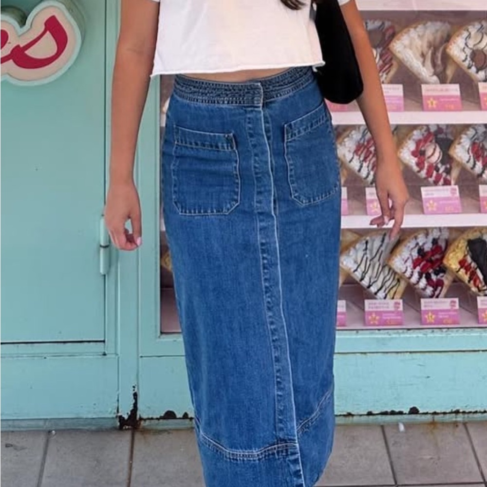Free People Just A Dream Rory Blue Wash Button Down Denim Jean Midi Skirt